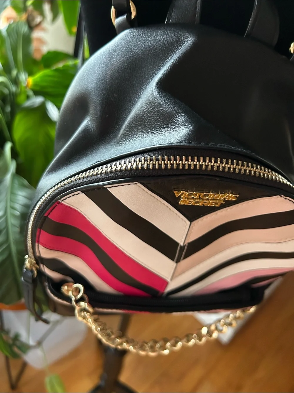 Victoria's Secret Black Mini Backpack with Pink and Cream Chevron Stripes